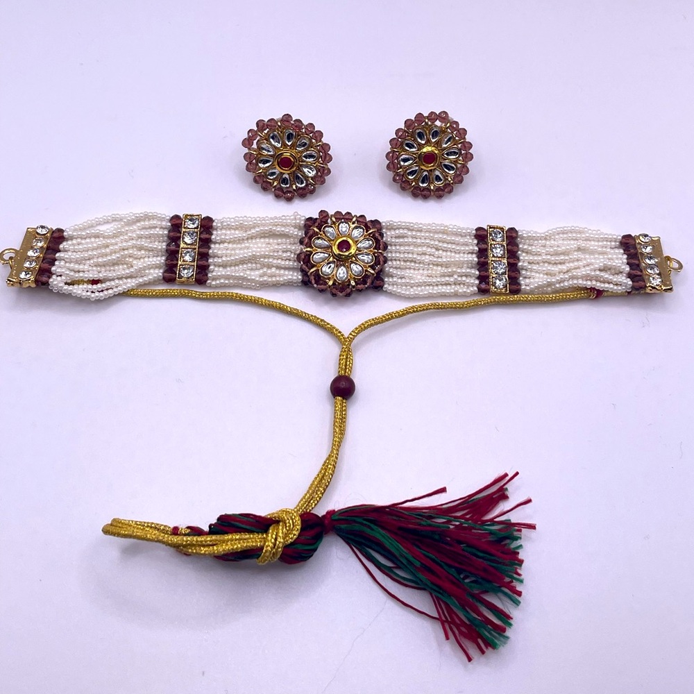 Pearl and Purple Bead Indian Choker(necklace) and Earring Set